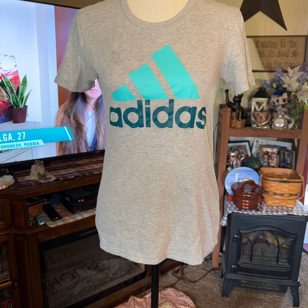 adidas Light Gray Tee with Teal Logo